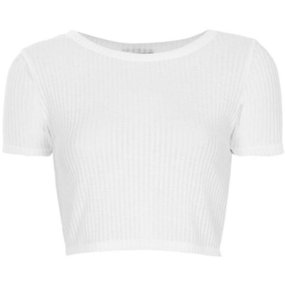 TOPSHOP White Ribbed Raw Edge Crop Boat Neck Tee Top Size 2 New with Tags - Picture 3 of 3